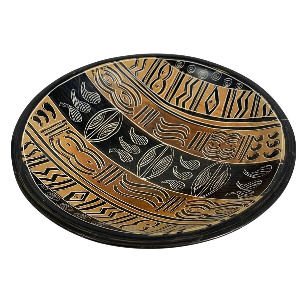 Hand-Carved Soapstone Kenyan Decorative Dish / Bowl Intricate Tribal Patterns